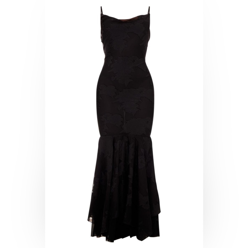 PLT NWT Black Floral Cowl Neck Frill Hem Mermaid Style Maxi Dress (Size 4) - Picture 5 of 5